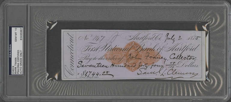 1875 Mark Twain Signed and Encapsulated Check - PSA Gem Mint 10 (University Archives LOA)